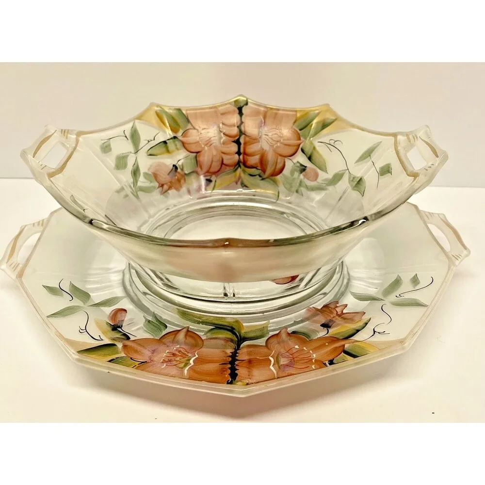 Vintage Hand Painted Glass Bowl & Underplate Peach Flowers Cutout Handles-EXCL